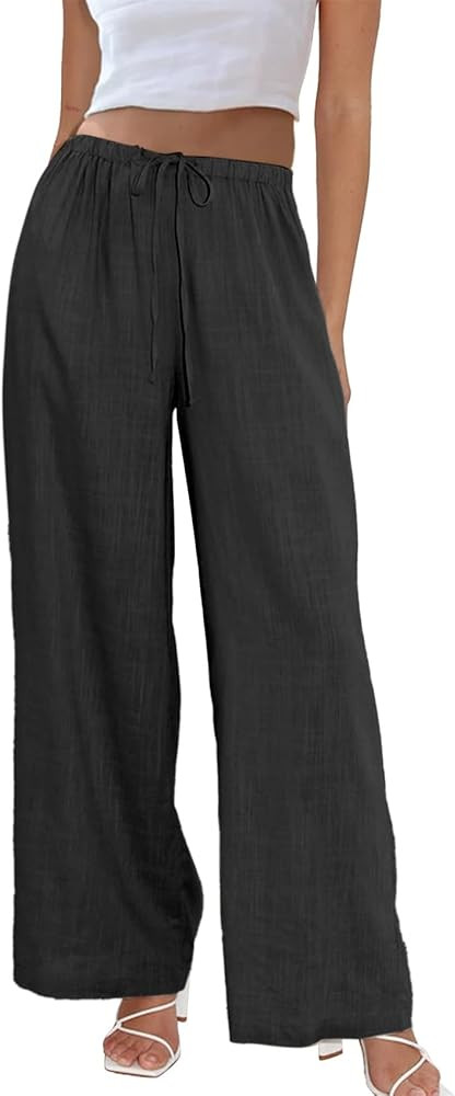 Duyang Womens Cotton Linen Palazzo Pants Drawstring Elastic Waist Casual Wide Leg Trousers with P... | Amazon (US)