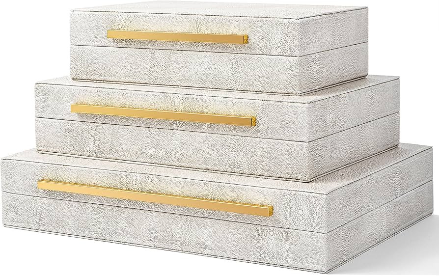 XINSTAR Faux Ivory Shagreen Leather Decorative Boxes,Decorative Storage Boxes With Lids 3 Pcs Set... | Amazon (US)