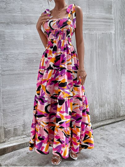 Allover Print Shirred Knot Shoulder Ruffle Hem Cami Dress Without Belt | SHEIN