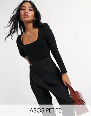 ASOS DESIGN Petite long sleeve bodysuit with square front in black | ASOS (Global)