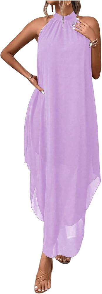 Verdusa Women's Wedding Guest Dress Halter Flowy Chiffon Asymmetrical Long Summer Prom Dress | Amazon (US)
