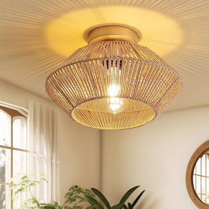 12.6" Boho Light Fixture, Hand-Woven Flush Mount Boho Chandelier, Farmhouse Rattan Ceiling Light ... | Amazon (US)