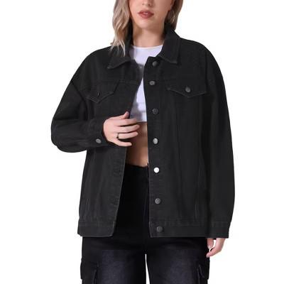INSPIRE CHIC Women's Long Sleeve Turndown Collar Button Down Oversized Denim Jacket with Pockets Black XX-Large | Target