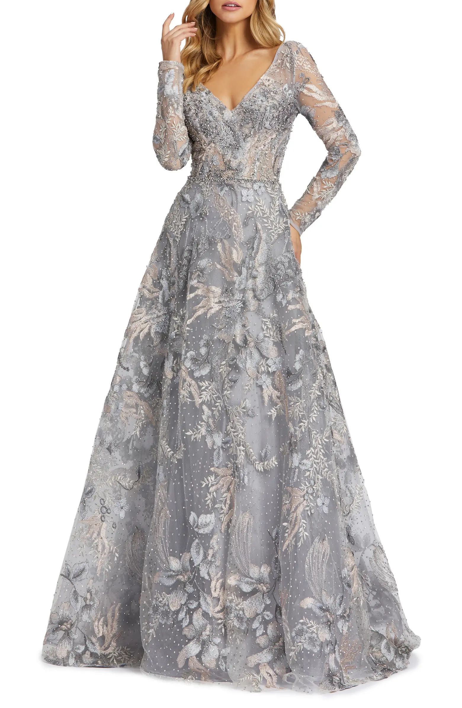 Beaded Floral Overlay Long Sleeve Tulle A-Line Gown | Nordstrom