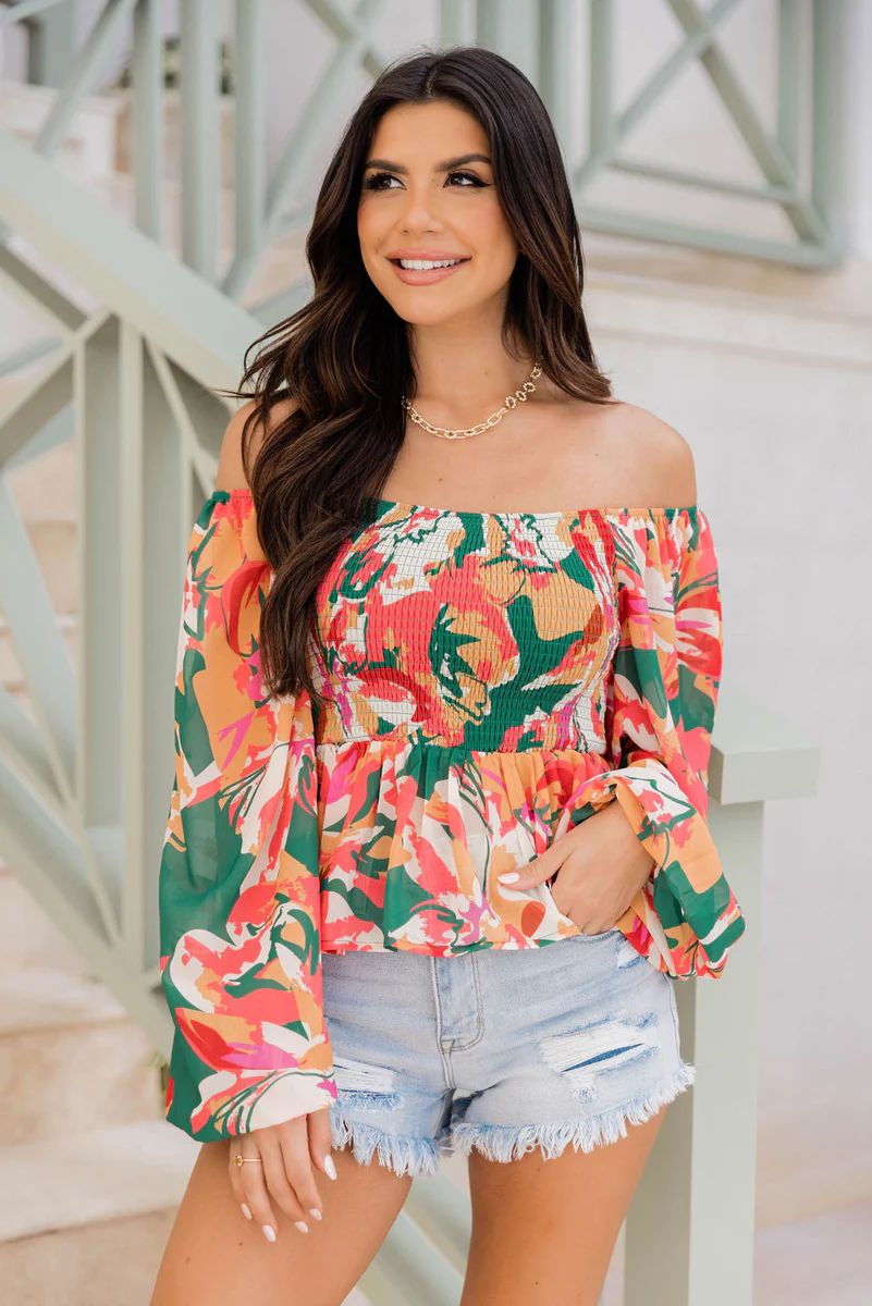 Take Me There Green Smocked Bust Floral Blouse | Pink Lily