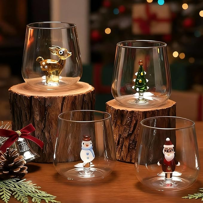 4 Pcs Small Christmas Wine Glasses with Figurine Inside, 7oz Drinking Glasses Xmas Tree Santa Cla... | Amazon (US)