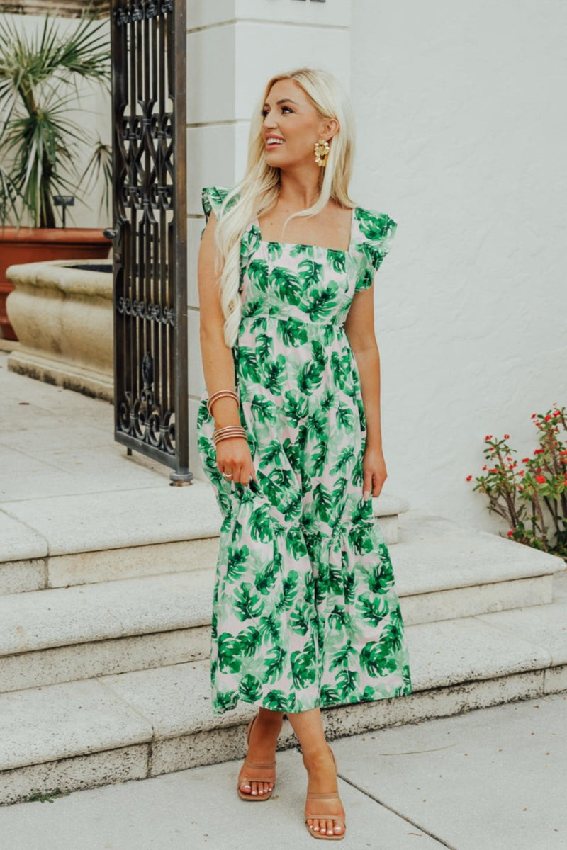 BuddyLove | Anastasia Ruffle Shoulder Midi Dress | Palm Pretty | BuddyLove