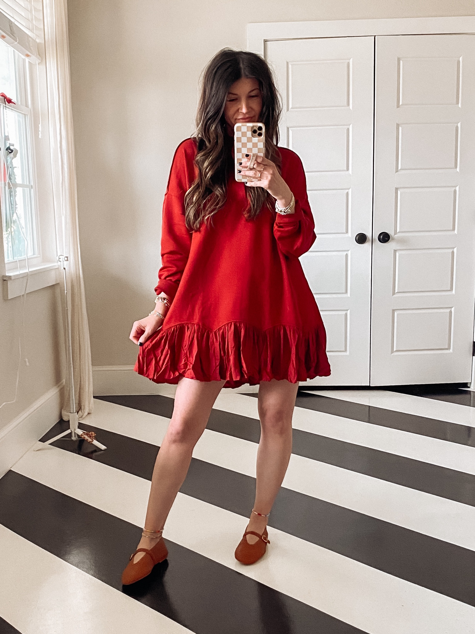 Love this dress so much I grabbed it in another color! It is a look for less to a name brand! 
-wearing size small
-size up half size in the cognac ballet flats

christmas outfit, christmas dress

#LTKSeasonal #LTKFindsUnder50 #LTKHoliday