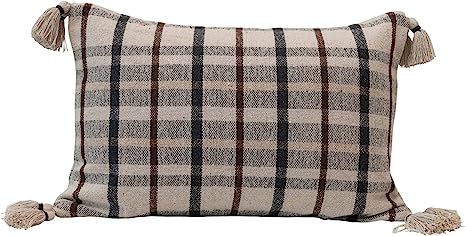 Bloomingville Woven Recycled Cotton Blend Plaid Lumbar Tassels, Charcoal Color & Brown Pillow, Ch... | Amazon (US)