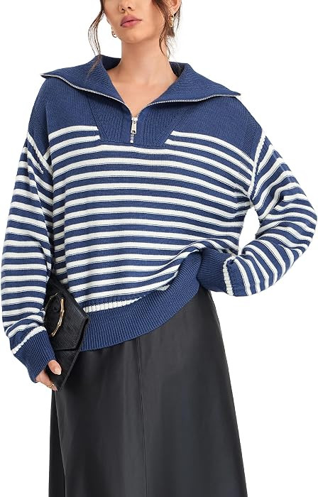 Quarter Zip Sweater for Women - Striped Collared Knit Pullover Top | Amazon (US)