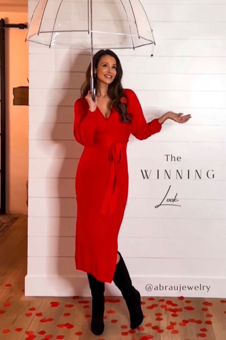 Thank you for voting on my Valentine’s Day outfits! This was the winning look! I love this sweater dress. It has a removable belt, a modest slit, balloon sleeves and a V-neck. Did I mention affordable? Perfect for Valentine’s Day ❤️  A size Small (S) in this. 

🏷️ Valentine’s Day Outfit , red dress , sweater dress , black boots 

#LTKSeasonal #LTKparties #LTKworkwear