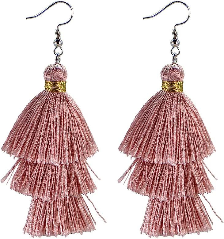 Fashion Charm Crystal Silk Tassel 3 Layers Fan Fringe Dangle Earrings designer costume jewelry | Amazon (US)