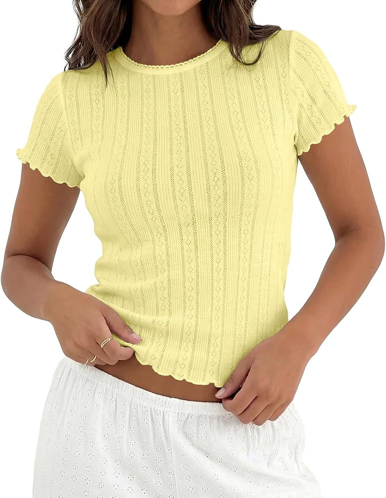 Cioatin Women Cute Y2K Pointelle Knit Crop Tops Short Sleeve Picot Crewneck Tshirt Lettuce Slim F... | Amazon (US)