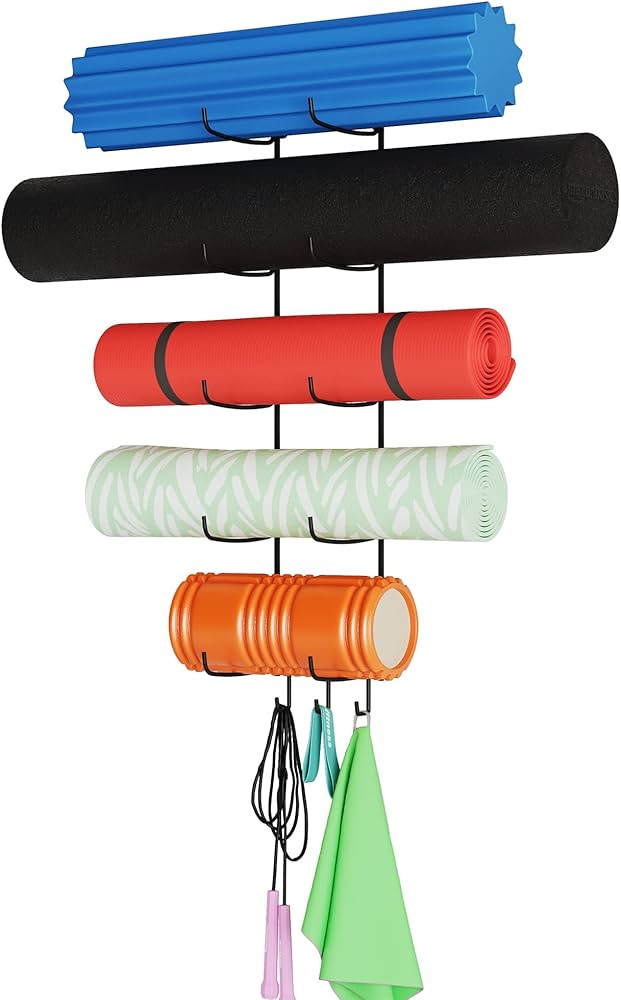 Wallniture Guru Yoga Mat Holder Wall Mount with 3 Hooks for Hanging Yoga Strap, Resistance Bands,... | Amazon (US)