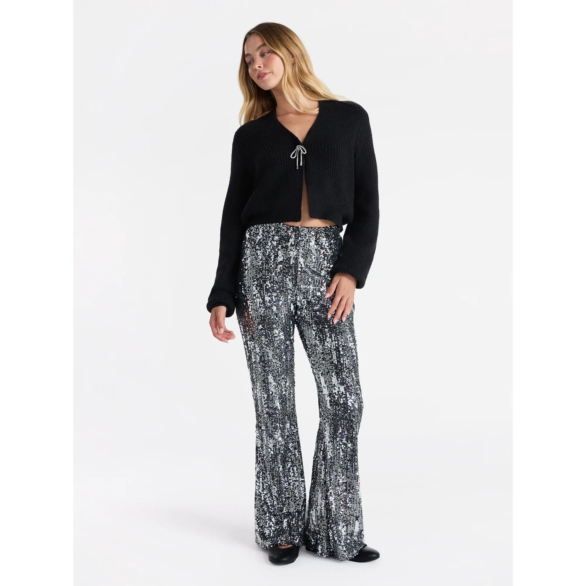 No Boundaries Sequin Flare Pants, Women's and Women's Plus | Walmart (US)