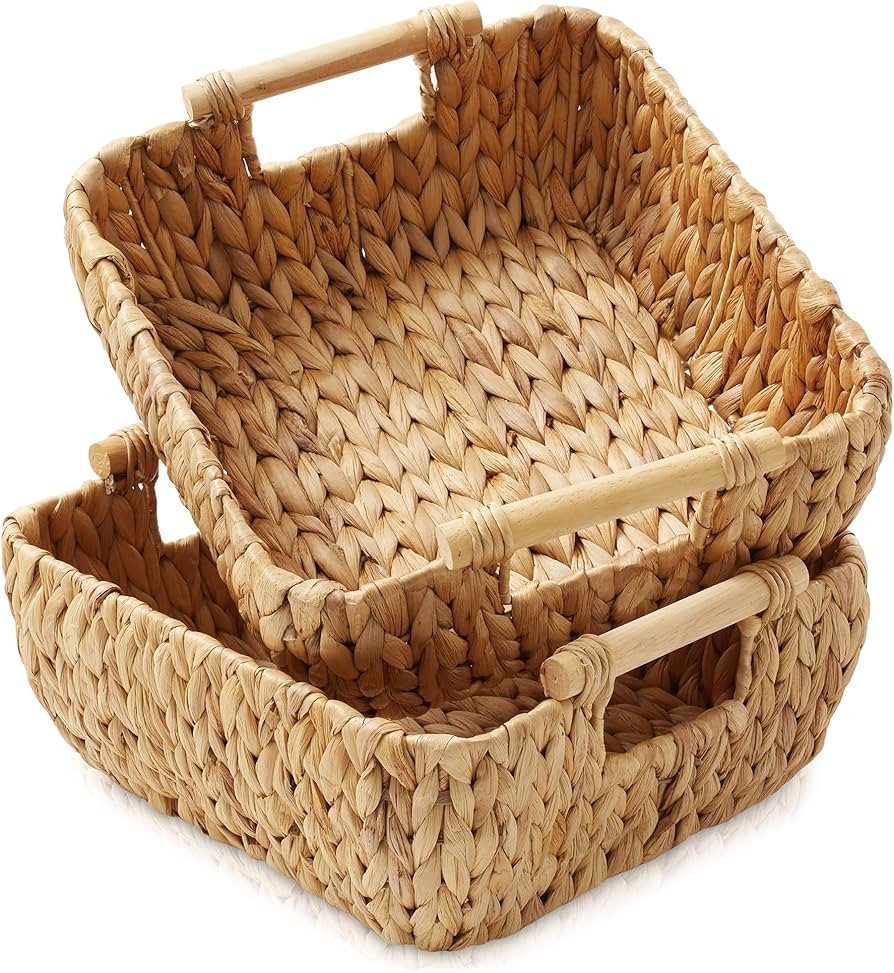 Casafield Set of 2 Water Hyacinth Oval Storage Baskets with Wooden Handles - Small, Woven Bin Org... | Amazon (US)