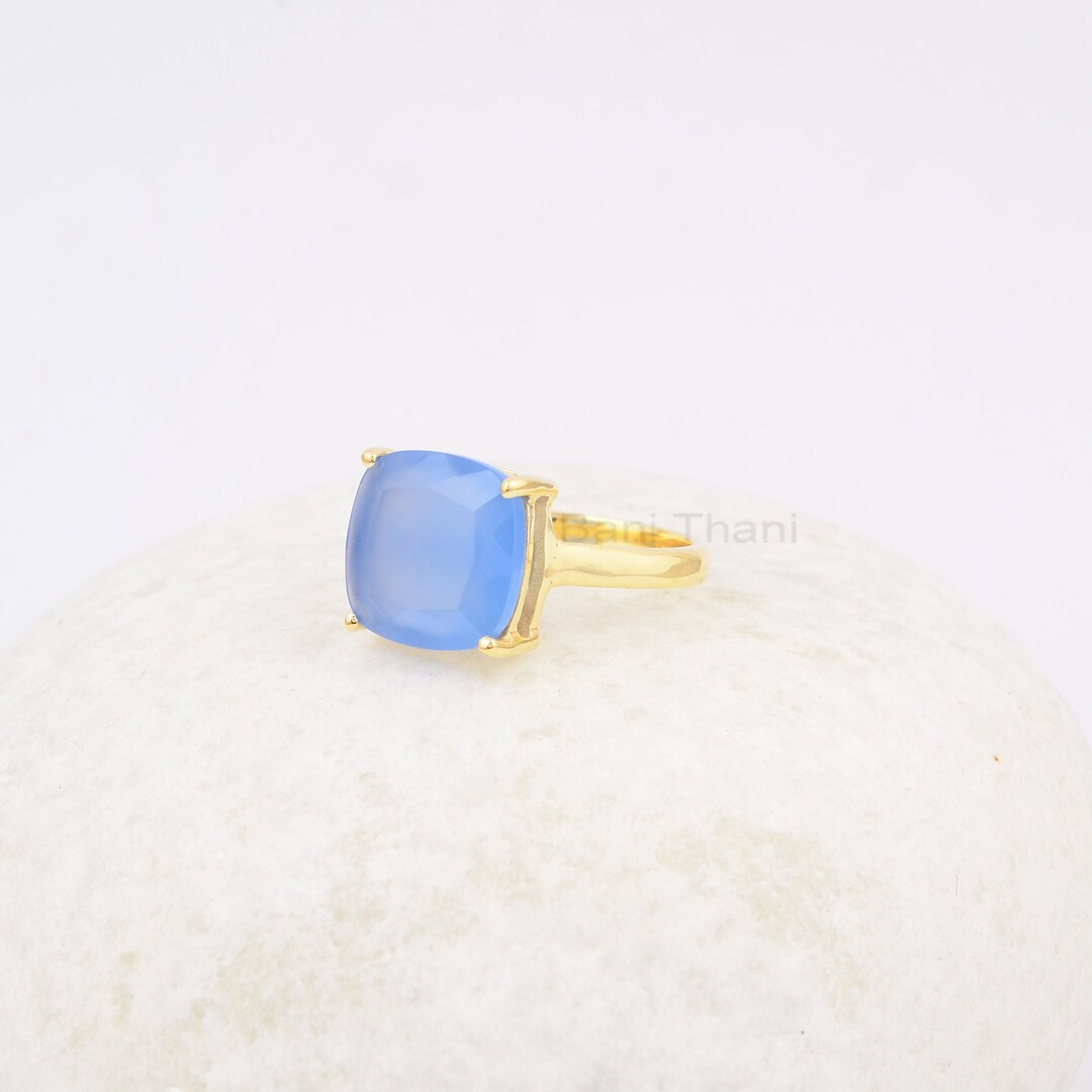 Stunning Blue Chalcedony 12mm Cushion Gemstone Ring, 925 Sterling Silver Ring, Gold Plated Ring, ... | Etsy (US)