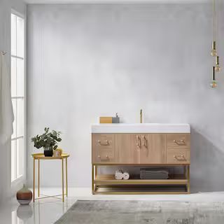 Alistair 48 in. Bath Vanity in North American Oak with Grain Stone Top in White with White Basin | The Home Depot