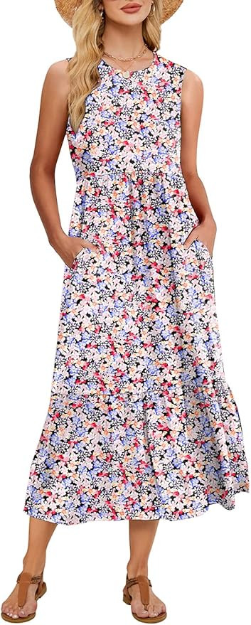 Gracyoga Women's Summer Maxi Dress 2025 Casual Sleeveless Crewneck Aline Flowy Tiered Long Beach ... | Amazon (US)