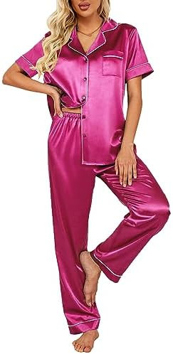Ekouaer Silk Satin Pajamas Set Women Short Sleeve Sleepwear Soft Button Down Loungewear Pjs Set | Amazon (US)