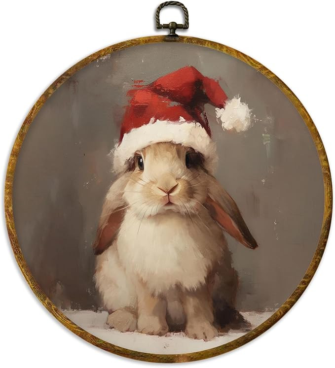 XPH Vintage Christmas Bunny Round Wall Art Framed, Rustic Christmas Rabbit Circle Wall Decor, Cot... | Amazon (US)