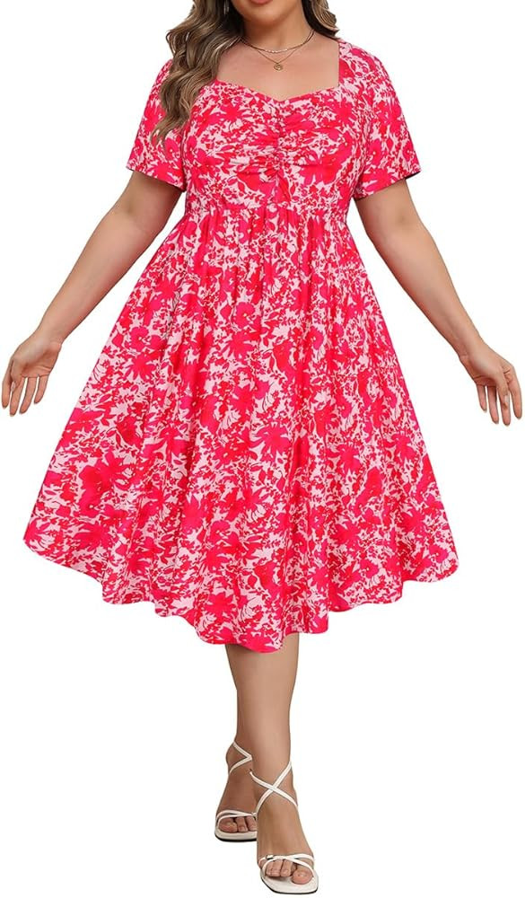 RITERA Plus Size Dresses for Curvy Women Boho Summer Midi Dress Sweetheart Neck Short Sleeve Dres... | Amazon (US)