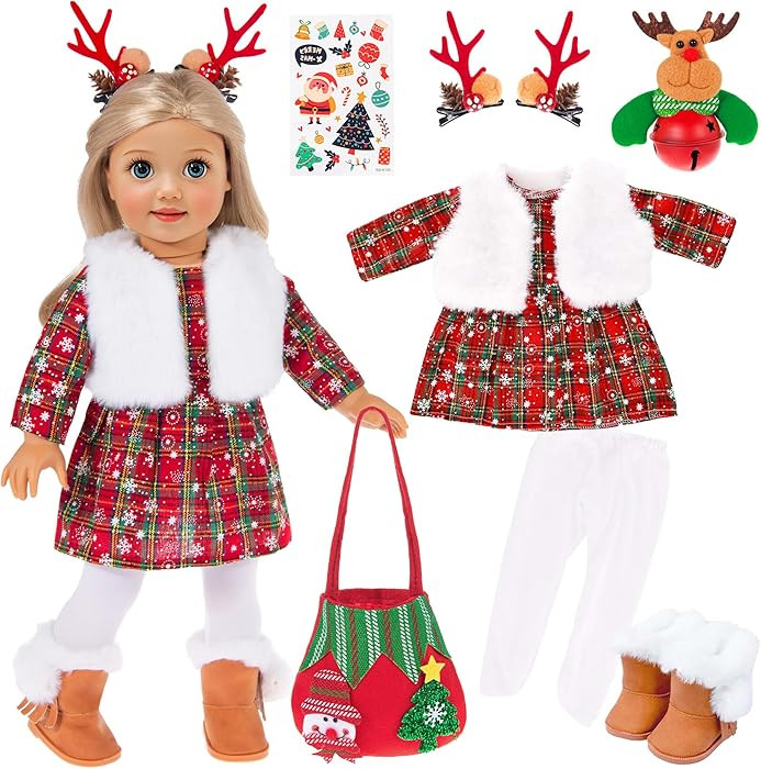 ebuddy 18 inch Doll Clothes and Accessories- Christmas Costume Playset Including Dress,Fur Vest, ... | Amazon (US)