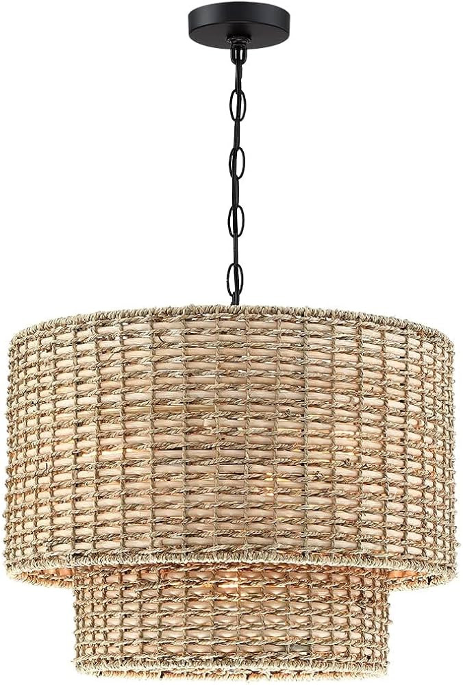 20 in. 4-Light Rattan Tiered Drum Chandelier Light with Black Canopy W Beige Bohemian Eclectic Na... | Amazon (US)