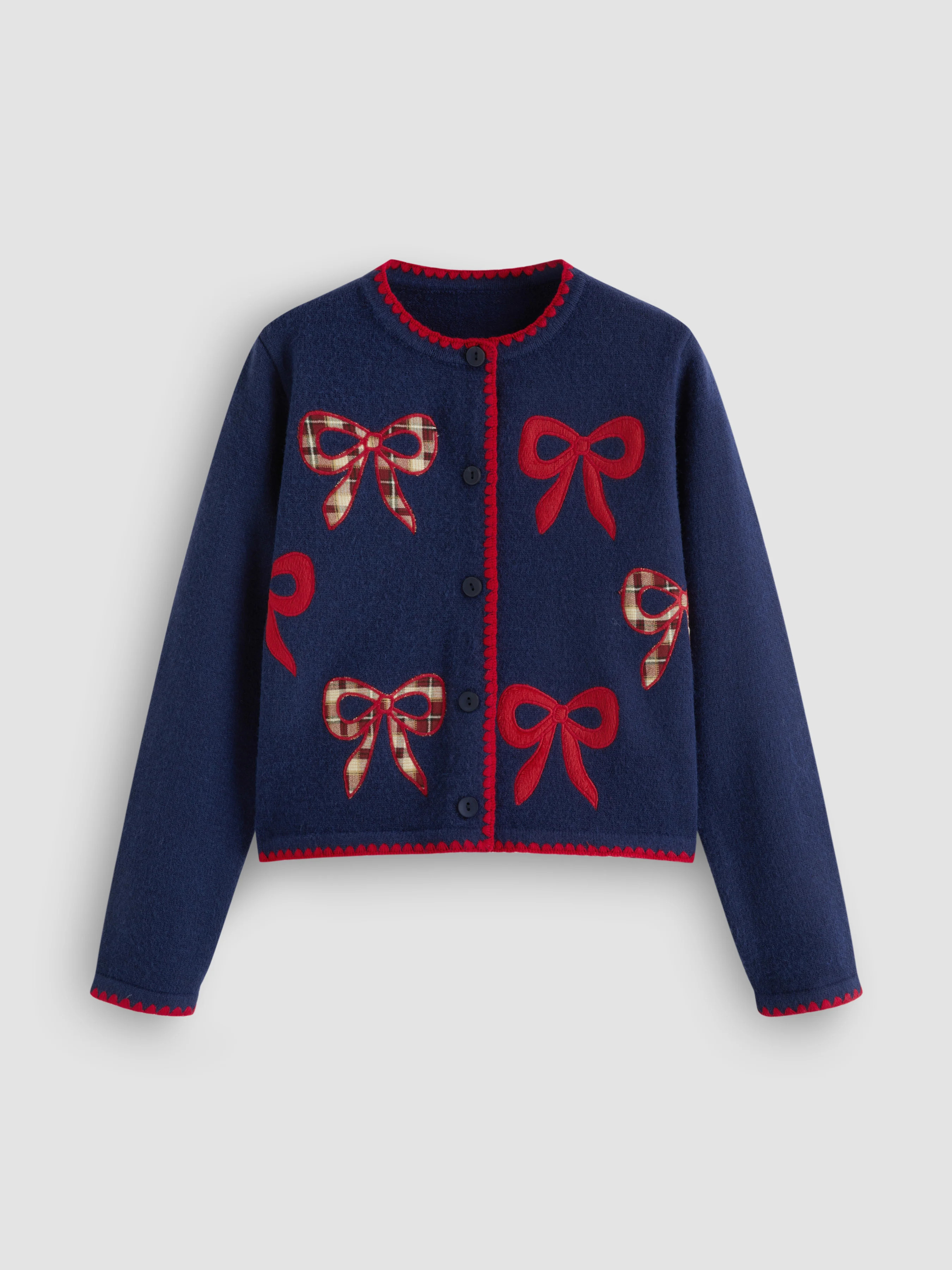 Knit Fabric Knit Round Neckline Bowknot Applique Cardigan For Holiday | Cider