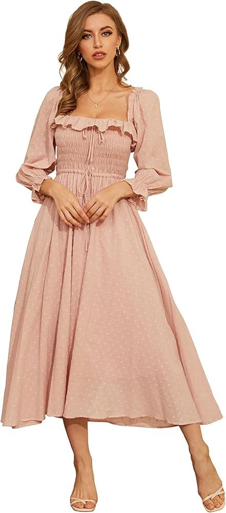 R.YIposha Women Vintage Elastic Square Neck Ruffled Half Sleeve Summer Backless Beach Flowy Maxi Dre | Amazon (US)