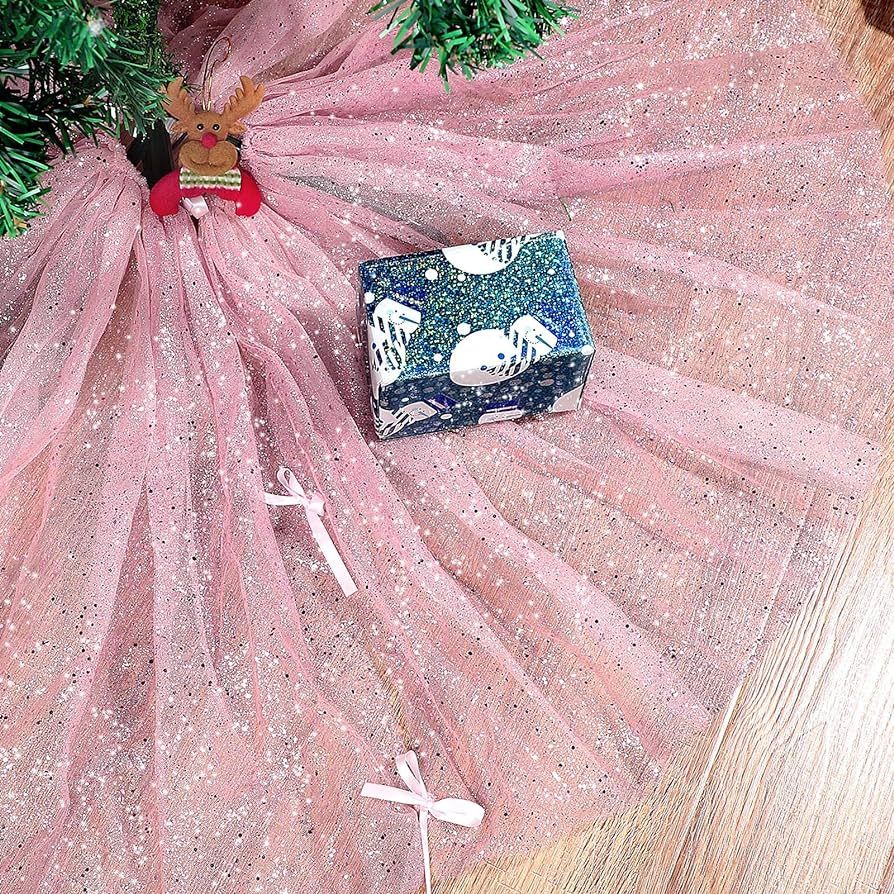 Christmas Tree Skirt Ruffle Glitter Shiny Xmas Tree Tulle Skirt Sequin Double Layers Xmas Trees R... | Amazon (US)