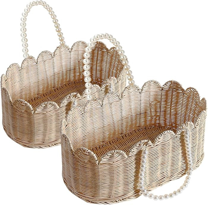 Set of 2 Scalloped Basket, Wicker Storage Baskets, Hand Woven Baskets for Shelves,Natural Baskets... | Amazon (US)