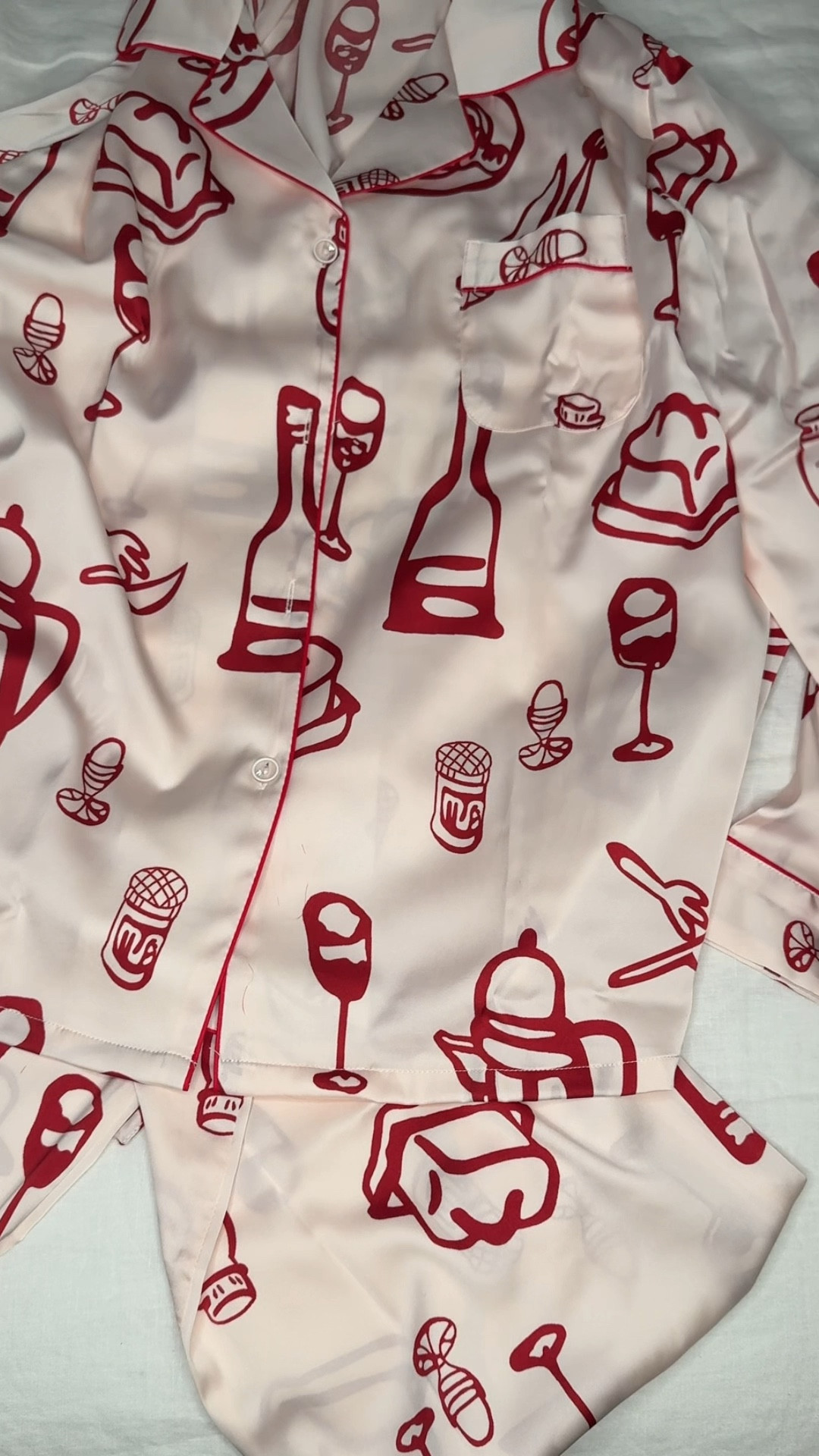 I’m in love with these PJs! They really seem like Galentine’s Day pajamas. or Valentine’s Day. They feel pretty high-quality, the buttons are pretty, and I love the food, drink, kitchen table design. If you’re looking for a silk set of pajamas, try these out. I’m impressed. 

#LTKStyleTip #LTKMidsize #LTKFindsUnder50