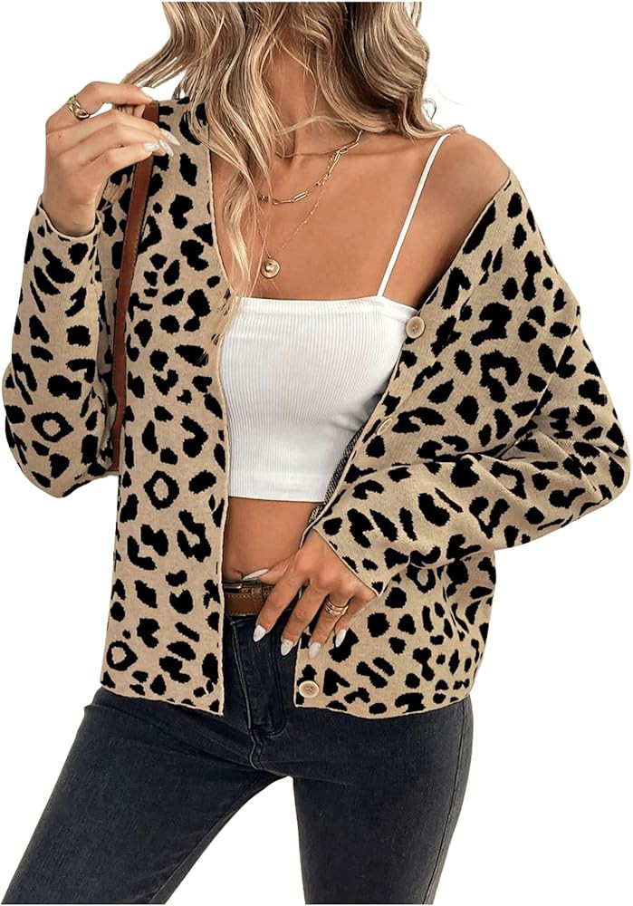 SHENHE Women's Leopard Cardigan Sweater V Neck Button Down Cheetah Print Soft Knit Cardigan | Amazon (US)