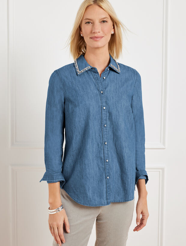 Embellished Collar Denim Button Front Shirt | Talbots