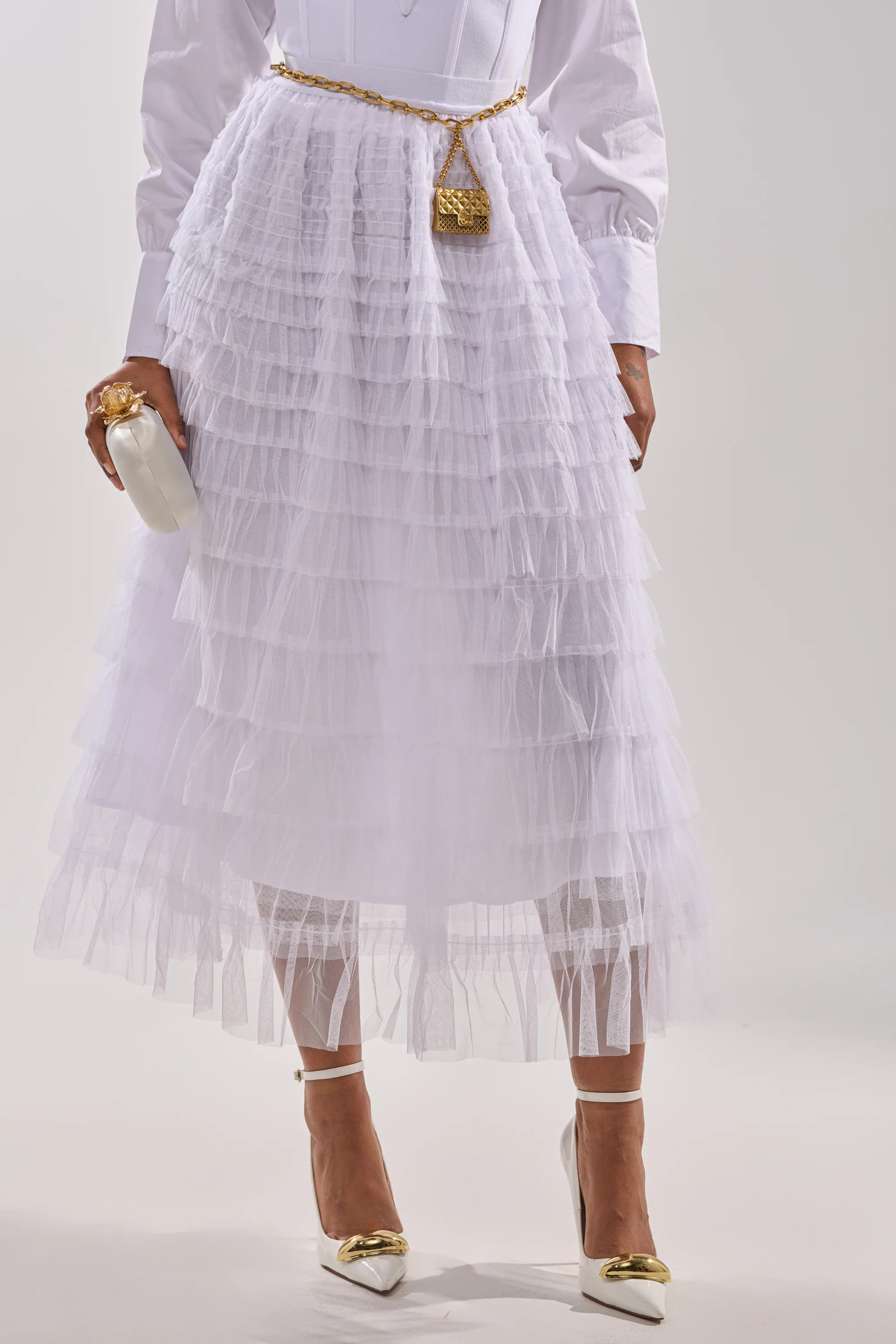STARS ALIGNED MESH RUFFLE MAXI SKIRT IN WHITE | AKIRA