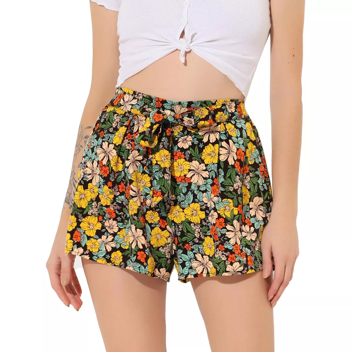 Allegra K Women's Elastic Waist Floral Print Summer Boho Beach Shorts Black-Floral Large | Target