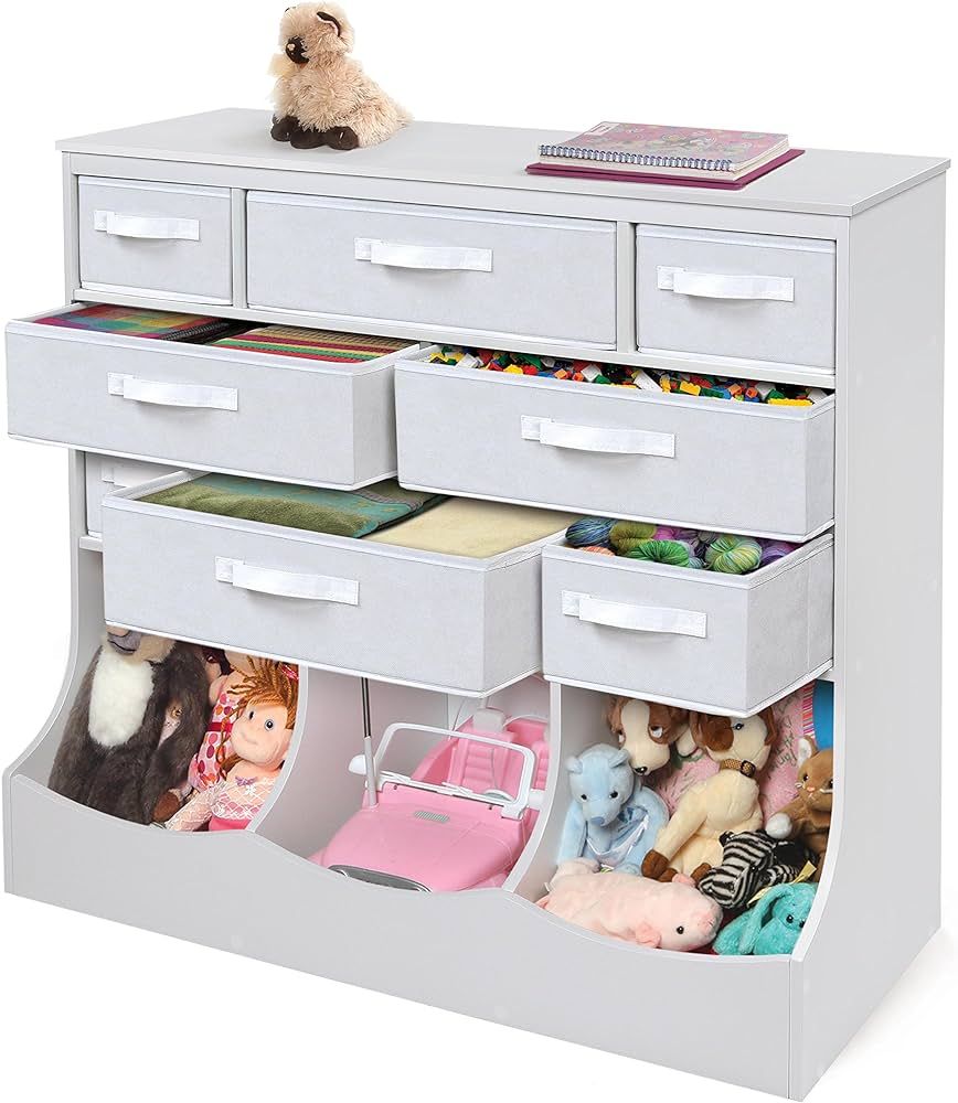 Badger Basket 8 Cubby Toy Storage Station and Organizer Unit with Reversible Fabric Bins - White | Amazon (US)