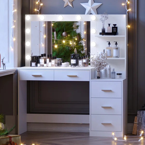 Kimberely 46.7" Vanity Table with Side Storage Shelf & 5 Drawers, 3-Color Lighted Mirror | Wayfair North America