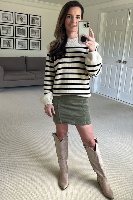 Amazon stripe sweater size s
Green skirt
Tan boots from target fit tts (also come in wide)

#LTKfindsunder50 #LTKstyletip