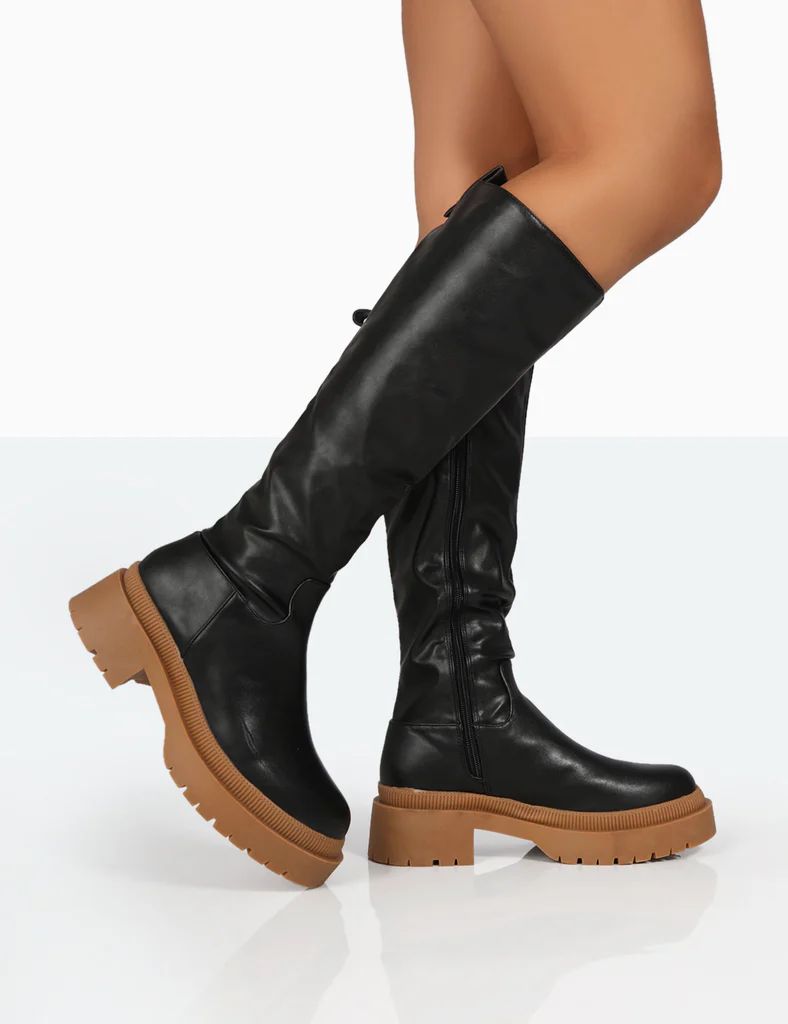 Jersey Black Pu Contrasting Chunky Sole Knee High Boots | Public Desire