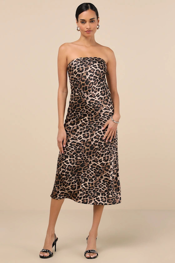 Effortless Bliss Leopard Satin Strapless Cowl Back Midi Dress | Lulus