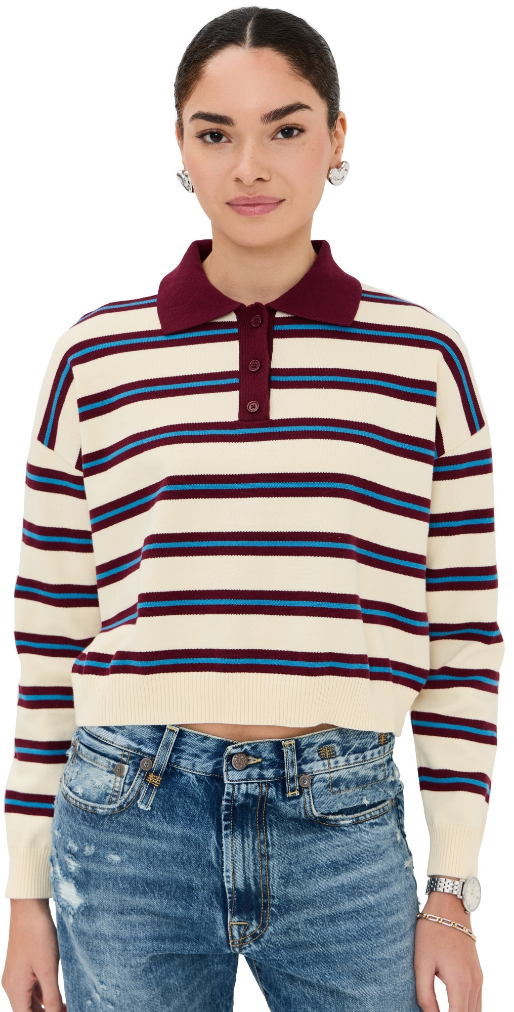 LE BOP Zadie Cropped Polo Burgundy Stripe S | Shopbop