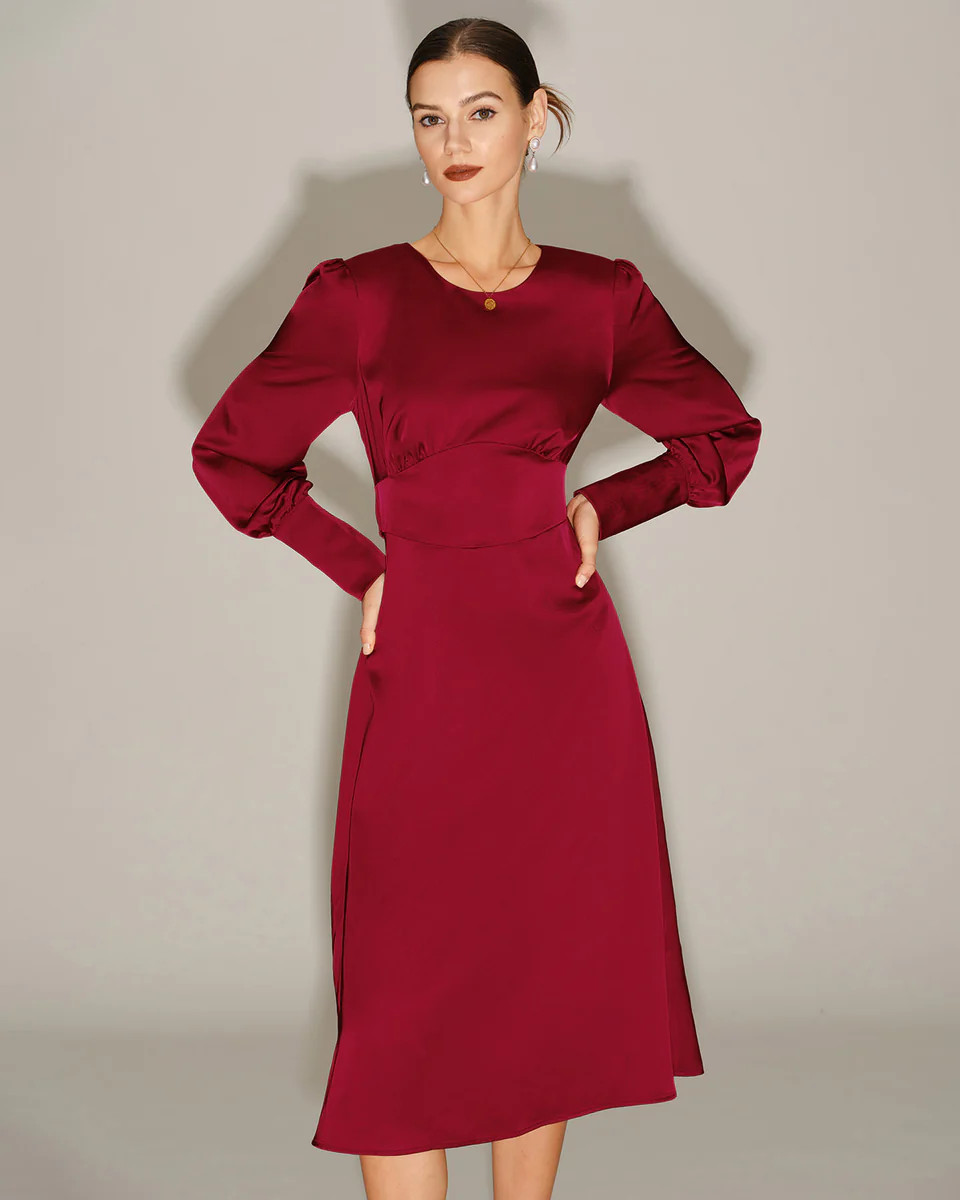 Wine Red Satin A-Line Midi Dress | rihoas.com