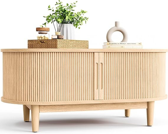 LINSY HOME Oval Coffee Table, Wood Coffee Table with Storage, Fluted Accent Center Table with Sli... | Amazon (US)