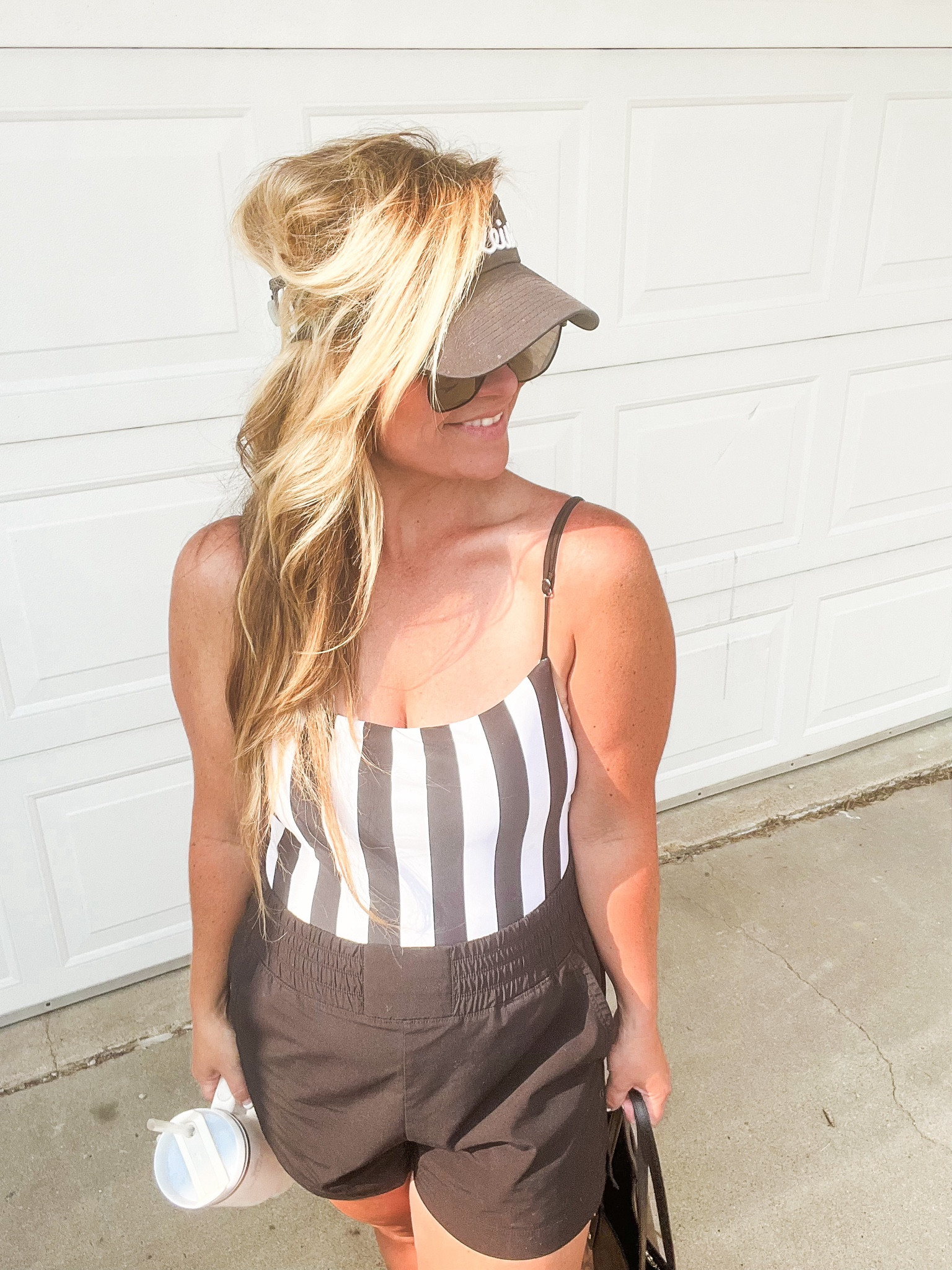 Black and white swimsuit 
Target swimming 
Visors
Black swim shorts