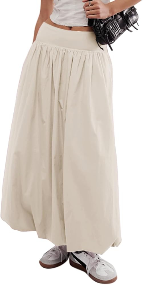 Women Y2k Bubble Maxi Skirt Summer Elastic Low Waist A Line Long Skirt Casual Fairy Ruffle Pleate... | Amazon (US)