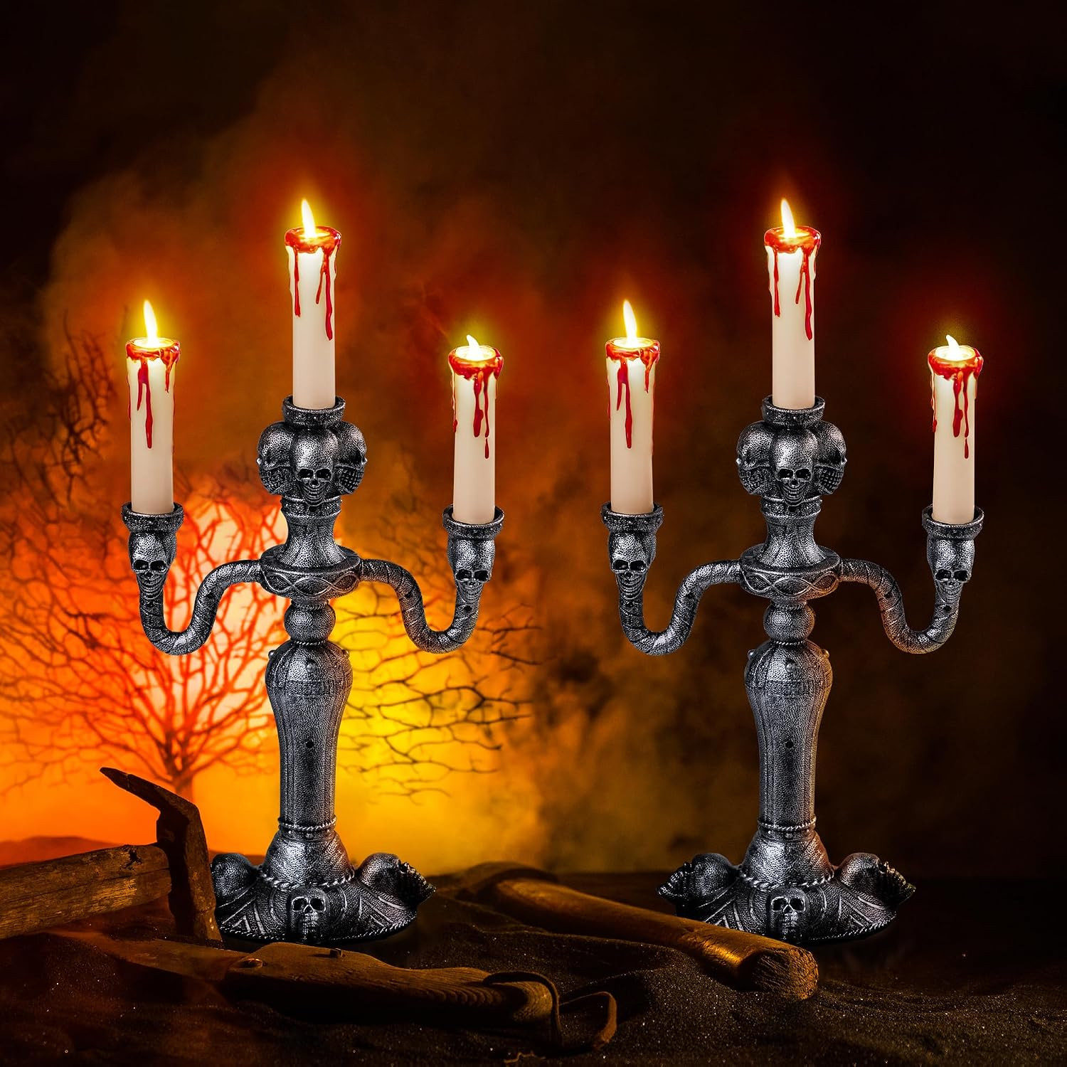 JOYIN 2 Pcs Skull Candelabra Halloween Decorations Indoor LED Lights Flameless Candles Holder, Scary Haunted House Mansion Decor for Table Home Party | Amazon (US)