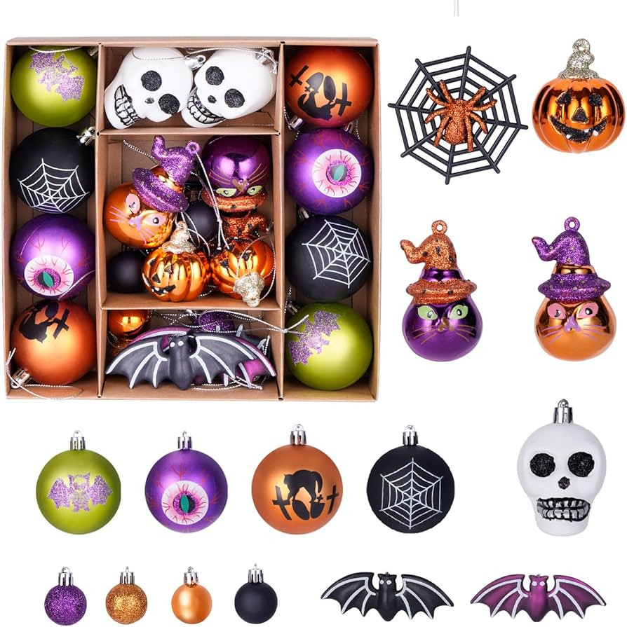 28Pcs Halloween Ball Ornaments Set, Shatterproof Hanging Halloween Tree Ornaments with Spider, Pu... | Amazon (US)