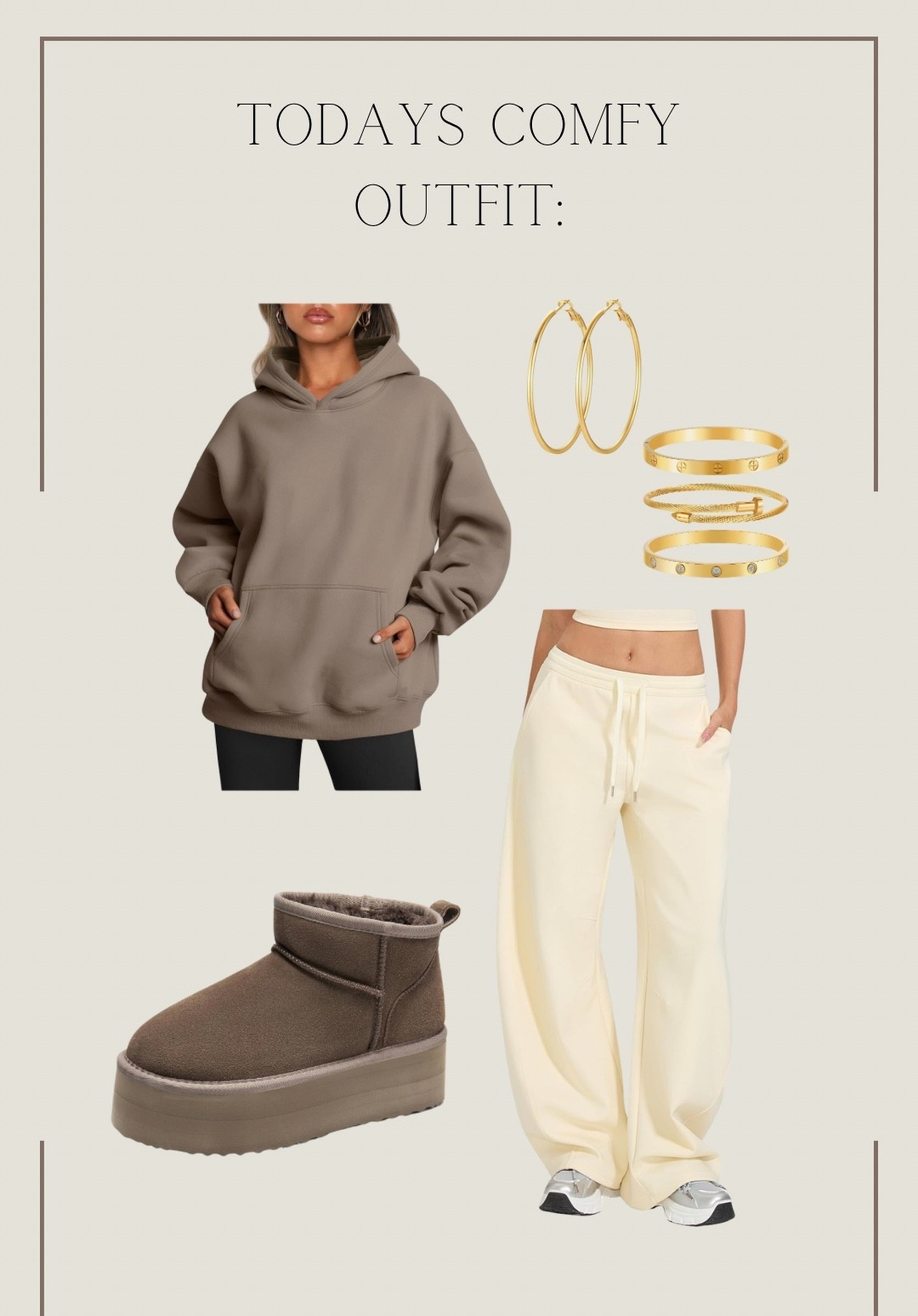 These items are all staples in my closet! 

Small in hoodie (naturally oversized)
Medium in pants
Shoes run tts!